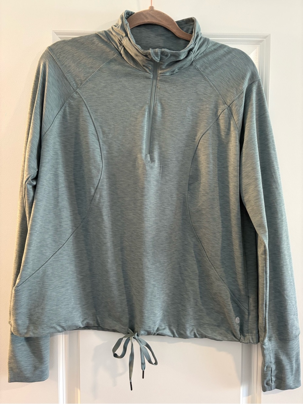 Light Teal Quarter‑Zip Cowl Neck Pullover with Drawstring Hem